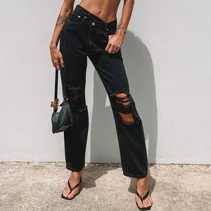 Princess Polly Black Holly Asymmetric Ripped Leg Jeans, Size US 0